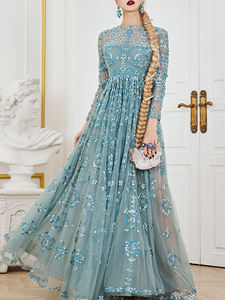 नीले रंग की महिला आकस्मिक पोशाक लंबे समय से गर्दन के चिफॉन फर्श की लंबाई वाली आर्बी औपचारिक गाउन फूलों की मोती - Product Image 6