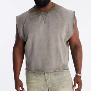 Camiseta sin mangas personalizada de talla grande para hombre, estilo musculoso, de tejido grueso, con borde sin rematar, lavado vintage <span class=keywords><strong>y</strong></span> corte holgado - Product Image 3
