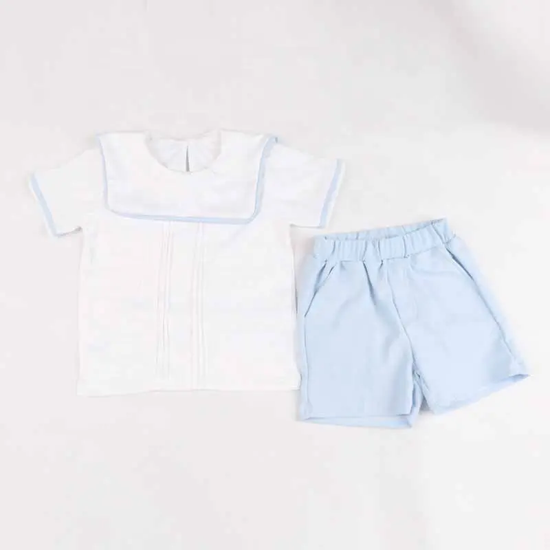 2024 summer new style babies overall smocked pure color cotton short Sleeve top and blue short boys suits