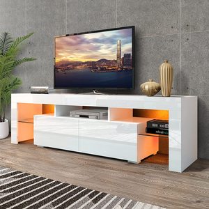 Meuble TV avec lumières LED, 2 tiroirs et étagères ouvertes, centre de divertissement brillant, <span class=keywords><strong>console</strong></span> multimédia, <span class=keywords><strong>table</strong></span> de rangement, <span class=keywords><strong>bureau</strong></span> - Product Image 2