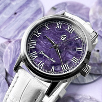 Montre personnalisée en cristal de dragon violet naturel, mouvement mécanique japonais 8215, résistante à l'eau 50m, boîtier en acier inoxydable, aiguilles authentiques