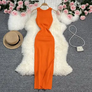 OEM fabrika özel bahar yaz kadın kolsuz Bodycon uzun örme kazak elbise