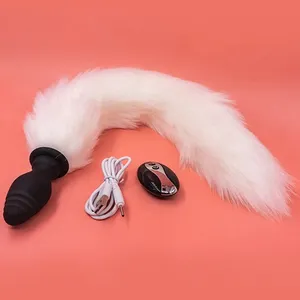 Mainan seks pasangan pemijat prostat silikon bergetar Plug Anal Vibrator ekor rubah pengendali jarak jauh