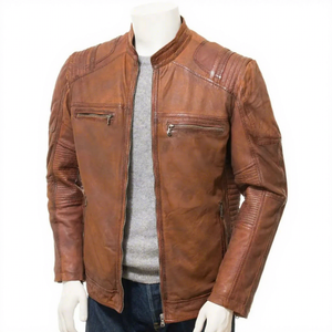 Chaqueta de Cuero Genuino Vintage para Hombre, Estilo Cafe Racer, Marrón, para Motociclista, de Piel Vacuna, Desgastada, Casual, Personalizada, OEM, ODM, Venta al Por Mayor - Product Image 1