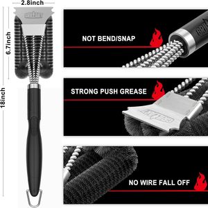 Brosse de nettoyage de barbecue à trois têtes en acier inoxydable robuste avec poignée antidérapante pour charbon de bois et nettoyage extérieur – Vente en gros usine - Product Image 1