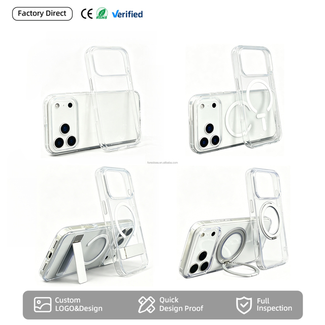Custom UV Printable Clear Phone Case Blank Shell Inner Magnetic Case Strip Kickstand 360 Rotating Ring Stand for iPhone 18 Pro