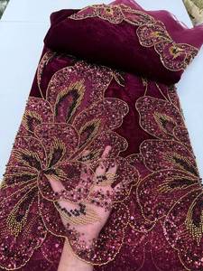 Tissu en maille de dentelle à sequins et perles rouges, motif brodé tricoté chaîne, écologique, pour robes de mariée nigérianes - Product Image 6