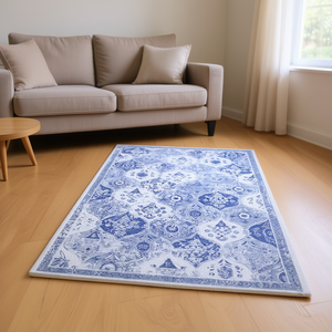 Alfombra de área con diseño de medallón azul, 5x8, de pelo bajo, lavable, sin desprendimiento, con base de goma, para sala de estar, dormitorio, cocina, comedor - Product Image 2