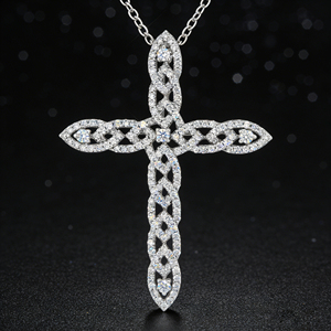 CUSTOM SILVER 10K/14K/18K GOLD PLATED LAB GROWN CVD DIAMOND CLASSIC ENGAGEMENT GIFT SWEATER <b>CHAIN</b> NECKLACE <b>CROSS</b> PENDANT - Product Image 4