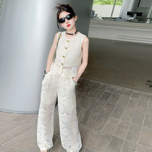 Abbigliamento estivo da ragazza Set di bottoni senza maniche in pizzo cavo Beige moda estiva Set in due pezzi per ragazze dai 7 ai 15 anni - Product Image 5