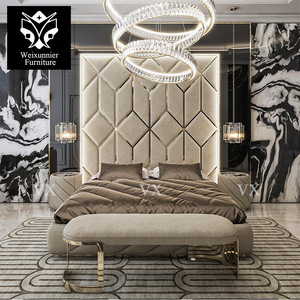 Set di camere da <span class=keywords><strong>letto</strong></span> King Size personalizzato in fabbrica <span class=keywords><strong>letto</strong></span> in tessuto imbottito alto <span class=keywords><strong>testiera</strong></span> in acciaio inox 3 anni di lusso sfondo <span class=keywords><strong>muro</strong></span> - Product Image 1