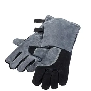 Gants de barbecue en cuir de vache résistants à la chaleur, gants de cuisine à manches longues, doublure isolée, gants de cuisson