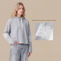 Sweat-shirt à capuche style preppy avec contraste de couleurs, dentelle ajourée, cordon de serrage, respirant, manches longues, 100% coton