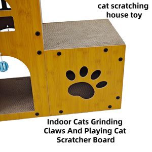 Offre Spéciale : <span class=keywords><strong>Maison</strong></span> pour chat DIY en forme de villa avec griffoir, en carton ondulé durable et résistant aux griffures, avec clochette et perchoir sautillant - Product Image 2