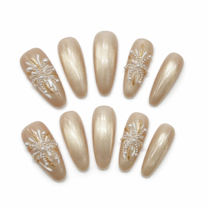 Faux ongles personnalisés faits à la main, dorés, pailletés, perlés, floraux, couvrants, 10 pièces pour doigts - Product Image 2