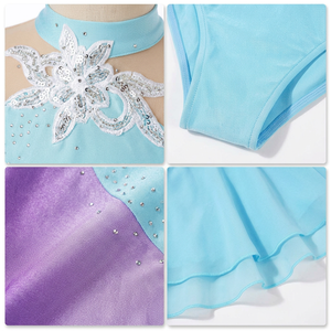 Vestido de patinaje artístico para niñas, sin mangas, con pedrería y lentejuelas, leotardo de actuación, falda de tul escalonada, ropa de baile para escenario y entrenamiento - Product Image 3
