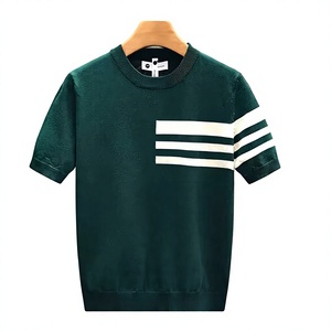 T-shirt décontracté pour homme, vert, à manches courtes, col rond, tricoté, avec bordure contrastante rayée, coupe classique, séchage rapide et écologique - Product Image 5