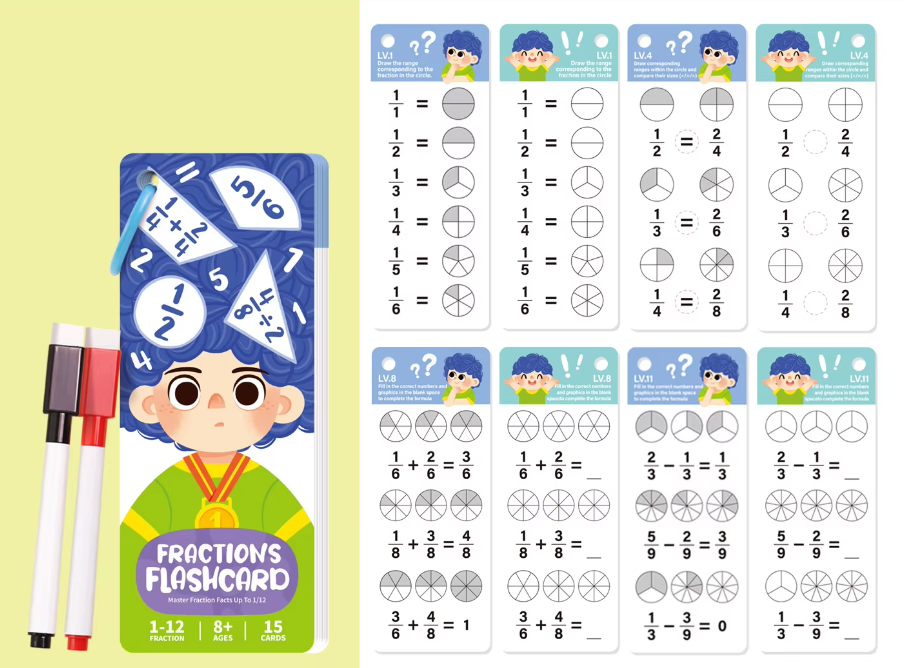 Paquete de tarjetas didácticas de práctica de matemáticas de 5 fracciones