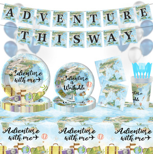 Ensemble de vaisselle de fête de pique-nique jetable sur le thème du <span class=keywords><strong>voyage</strong></span> pour les réunions de famille et les décorations de <span class=keywords><strong>table</strong></span> de plateau en papier - Product Image 1