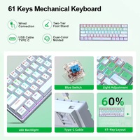 Clavier de jeu mécanique filaire LED 61 touches en stock usine, clavier de jeu mécanique OEM 60 % détachable avec câble Type-C et interrupteurs bleus