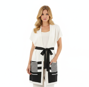 Custom <strong>Lady</strong> Summer V Neck Long Knit Sweater <strong>Sleeveless</strong> Stripe Pocket Belt Women Long <strong>Cardigan</strong> - Product Image 1