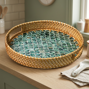 Plateau artisanal bohème en rotin avec incrustation de nacre, design flexible et écologique, tolérance de précision, fabriqué au Vietnam pour la maison - Product Image 3