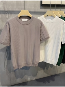 T-<span class=keywords><strong>shirt</strong></span> uni à manches courtes en soie glacée tricotée fine pour <span class=keywords><strong>homme</strong></span>, 180 grammes, collection été 2026 - Product Image 5