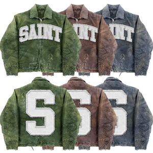 Peso massimo personalizzato 3d ricamo Applique lettera con acido e lavaggio in Denim girocollo uomo Private Label Jeans Y2k giacca - Product Image 5