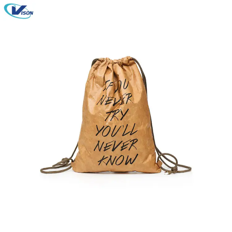 Yeni tasarım yıkanabilir kağıt çanta su geçirmez Dupont Tyvet Kraft kağıt sırt çantası depolama İpli çanta İpli