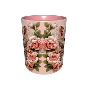 Mug en céramique cinq couleurs, motif chaton mignon avec roses roses, entièrement sublimé, avec poignée, réutilisable, pour usage domestique - Product Image 3