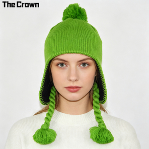 Custom Logo Trapper Earflap Hat Wholesale Bulk Ribbed Knit <b>Winter</b> <b>Cap</b> With Triple Pom-Pom Tassel Warm Hat Manufacturer - Product Image 3