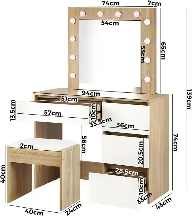 Işıklı ayna fabrika fiyat ile İskandinav tarzı karışık beyaz ahşap tahıl renk sandalye soyunma masa Vanity