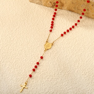 Bijoux religieux en acier inoxydable pour femmes hommes personnalisé coloré bleu/noir/rouge chaîne de perles statue de jésus breloque collier croix - Product Image 5