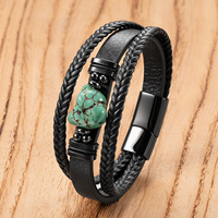 Bracelet artisanal pour homme en cuir et pierres naturelles irrégulières, cordon tressé fait main, fermoir en acier inoxydable, bracelet asymétrique