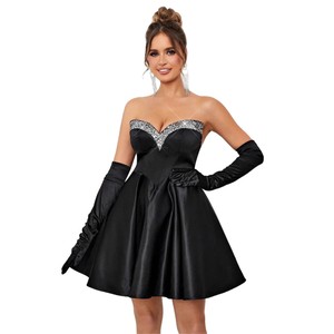 best dresses for black tie optional wedding Liva Strapless Diamante Floral Trim Mini Dress / Black | MESHKI