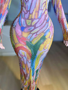 Abito da notte per donna colorato di disegno a maniche lunghe abito da donna elegante strass abito da donna per festa - Product Image 4
