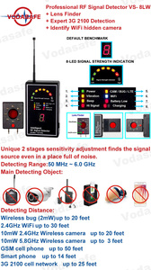 Détecteur de signal RF Vodasafe VS-8LW |   Détecteur de caméra cachée et d'écouteurs espions 50 MHz-6,0 GHz avec détection experte 3G 2100 - Product Image 2