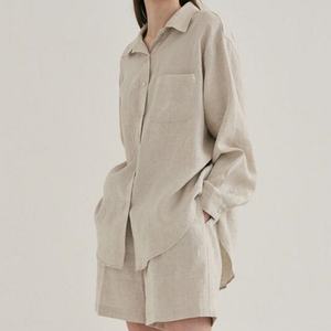 Conjunto de Lino para Mujer 2024, Camisa y Pantalones Cortos, Traje Informal Holgado, Estilo Casual, 100% Lino - Product Image 1