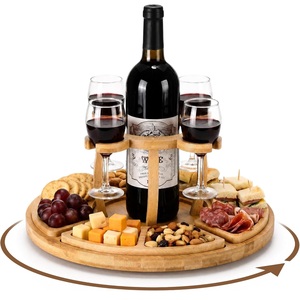 <span class=keywords><strong>Plateau</strong></span> de service rotatif en bambou pour charcuterie avec porte-verres à vin, 2 niveaux, 2-en-1, assiettes à apéritifs et snacks pour fêtes et camping - Product Image 1