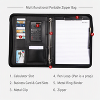 Porte-documents multifonctionnel en cuir PU A4 avec logo personnalisé, fermeture éclair, calculatrice, porte-cartes de visite et anneaux de reliure