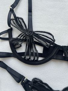 Black Sheer Mesh Bow 2 Piece Sexy Lingerie Set Underwire Cutout Bra Strappy <b>Thong</b> Women Erotic Intimates Underwear Wholesale - Product Image 4