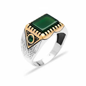 Square Green Agate Gemstone Round Emerald Stone Design Ottoman <b>Men's</b> <b>Ring</b> Turkish Handmade Wholesale Authentic <b>Silver</b> <b>Men</b> <b>Ring</b> - Product Image 2