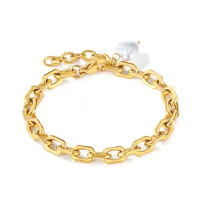 Hip hop 18 k gold plated stainless steel dangle pearl heart charm cable chain bracelet for Unisex