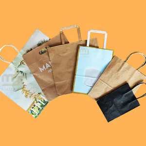 定制印刷标志环保购物者礼品袋餐厅回收可重复使用食品外卖牛皮纸购物袋