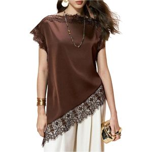 Robe d'été élégante en satin et dentelle pour femme, col rond, sans manches, asymétrique, transparente, pour sortir - Product Image 1