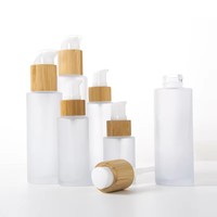 Botol air kulit, wadah air perawatan kulit, botol pompa bambu, tutup Losion semprot bambu, botol datar kaca bening buram 30/100ml