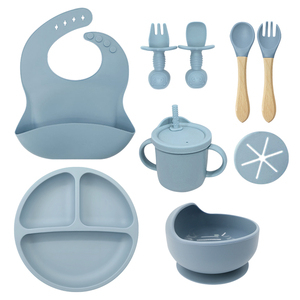 Non Slip Suction Baby Silicone Dinner Set 9 Piece Bowl Cup <b>Bib</b> Spoon Toddler Feeding Safe BPA Free - Product Image 1