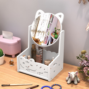 Desktop Makeup <b>Mirror</b> Storage Box With Flip Up <b>Mirror</b> <b>Plastic</b> Cosmetic Organizer For Student Dorm Bedroom Use - Product Image 5