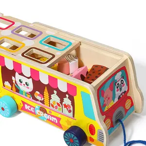 बच्चों के शैक्षिक लकड़ी के खिलौने बच्चों के खींचें आइसक्रीम ट्रक आकार और रंग मान्यता मिलान ट्रेलर रस्सा खेल खिलौना