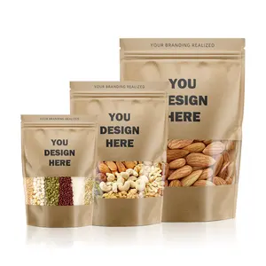 Biodegradable Recycled Customized Stand Up Pouches Dry Food Packaging Brown Kraft Paper Bags With Translucent Window